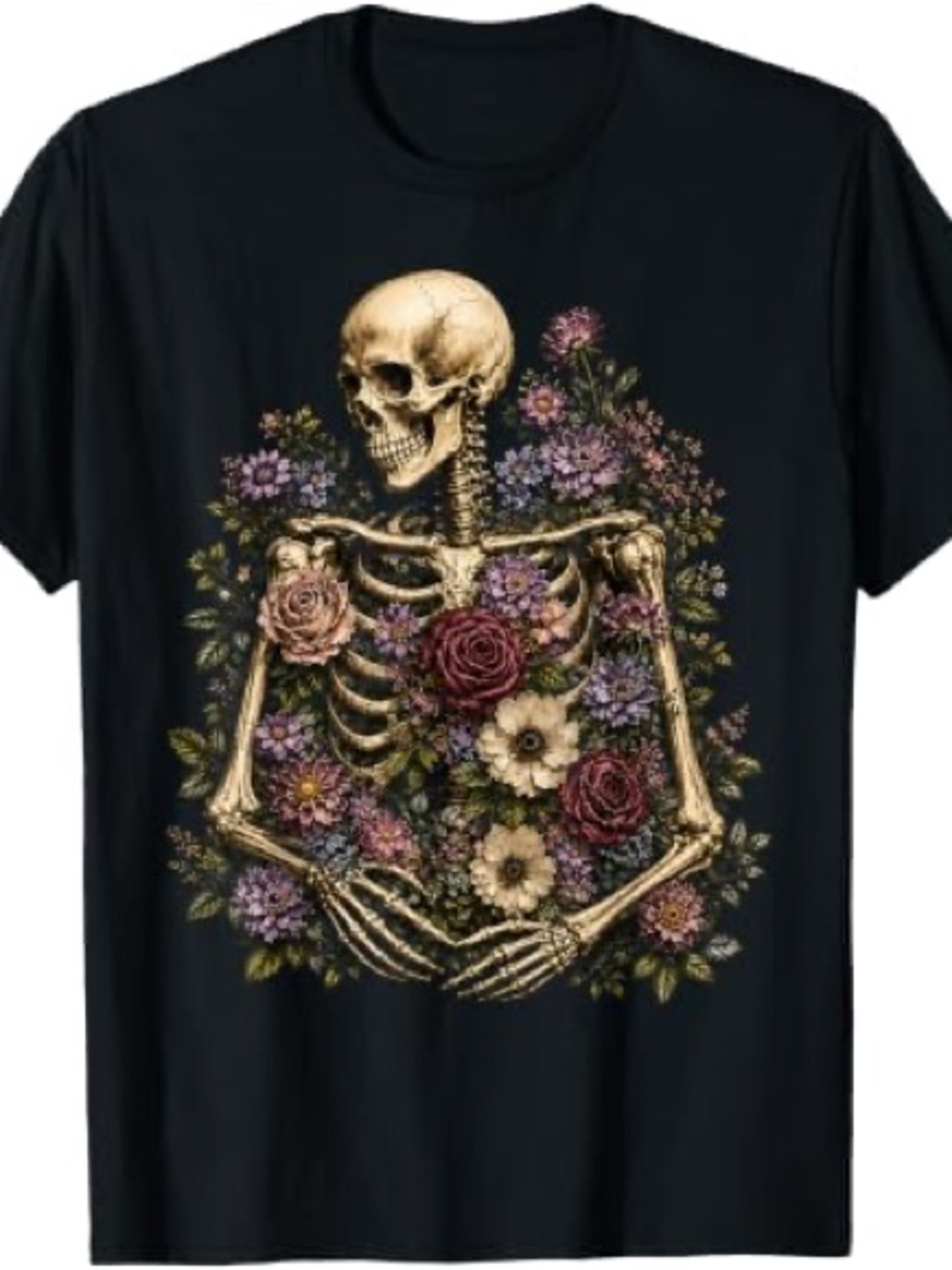 Gildan Black Tee with Floral Skeleton Print, Gift For Her, for Him